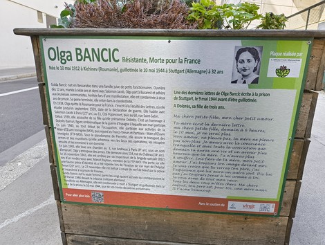 Targa commemorativa dedicata a Olga Banic, resistente antifascista, sulla sua vita e tragica morte.