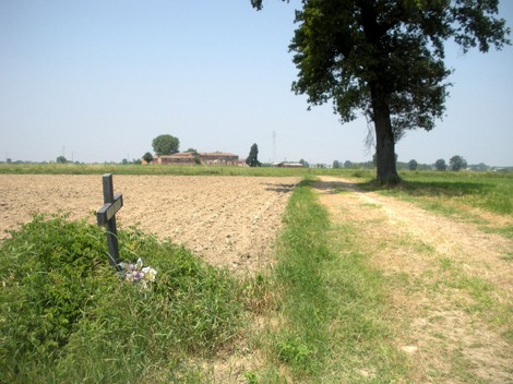 Croce commemorativa per i partigiani a Torretto, immersa nel paesaggio rurale.