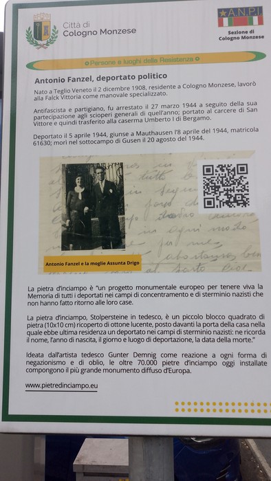 Pietra d'inciampo dedicata a Antonio Fanzel, deportato politico, a Cologno Monzese, con foto e informazioni biografiche.