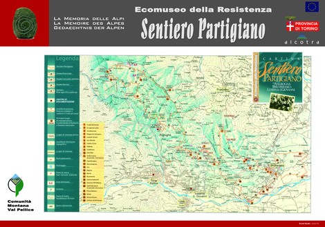 Mappa del "Sentiero dei Partigiani" con itinerari e punti di interesse nella natura alpina.