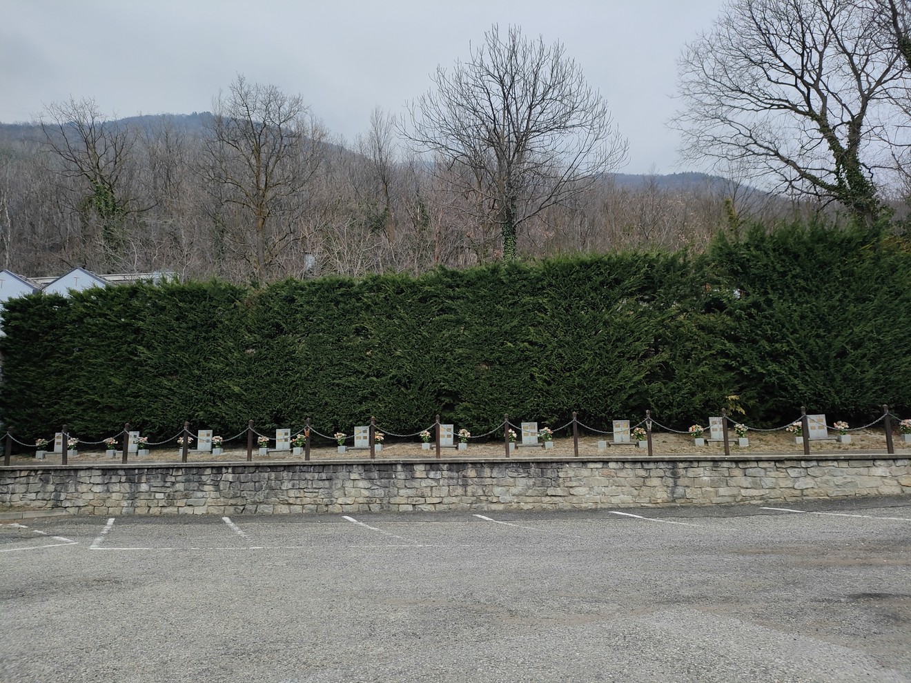 Panorama del Parco della Rimembranza, con verdeggiante siepe e monumenti in un'atmosfera serena.
