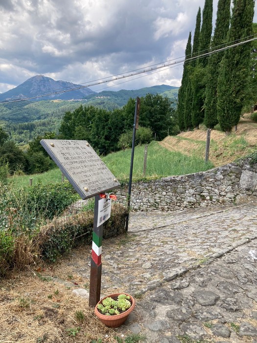 Lapide commemorativa immersa nel paesaggio montano, con vista su colline e alberi.