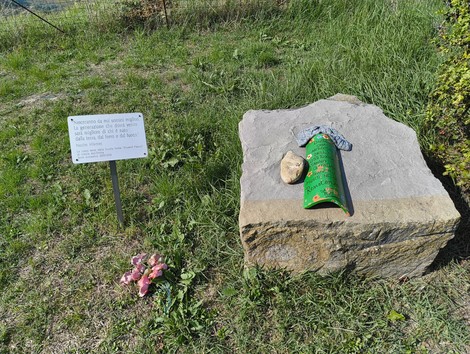 Monumento ai partigiani di Monte Sabbiuno: omaggio ai caduti con fiori e oggetti commemorativi.