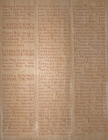 Sacrario degli studenti universitari caduti, con nomi incisi su una parete commemorativa.