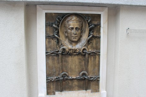 Monumento a D'Amico, bas-relief con volto maschile circondato da elementi simbolici di commemorazione.