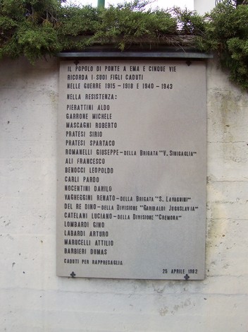 Lapide commemorativa ai caduti di Ponte a Ema, in memoria degli eroi della Resistenza.