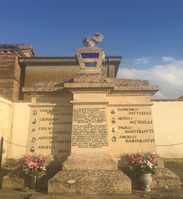 Monumento ai Nove Martiri, commemorazione dei caduti con iscrizioni e decorazioni florali.