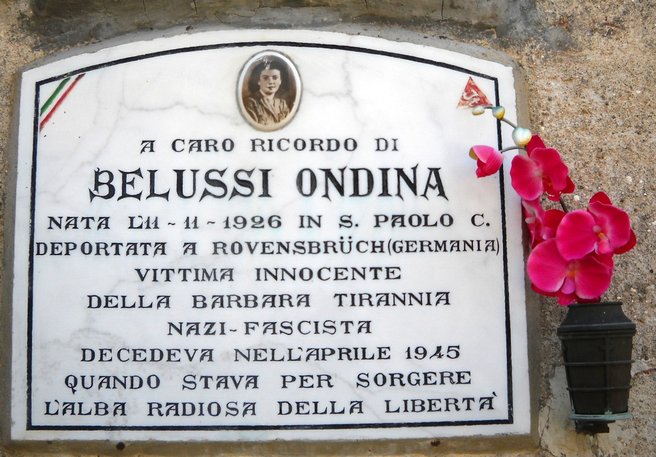 Lapide commemorativa dedicata a Belussi Ondina, vittima della tirannia nazi-fascista.