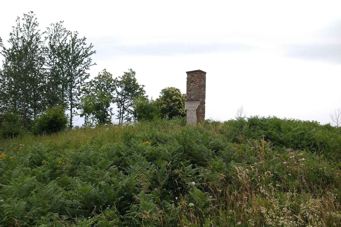 Monumento della Faggiola immerso nella natura, circondato da vegetazione e alberi.