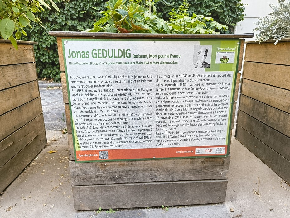 Targa commemorativa dedicata a Jonas Geduldig, resistente e martire per la libertà in Francia.
