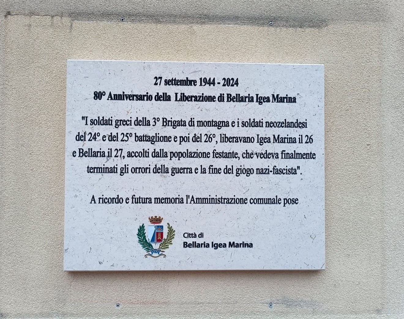 Lapide commemorativa per l'80° anniversario della Liberazione di Bellaria Igea Marina.