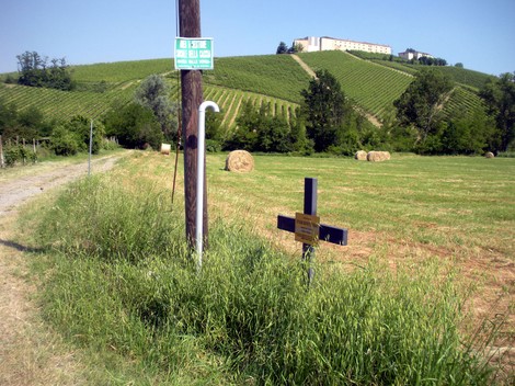 Croce a Minotti, circondata da un campo verde con vigneti sullo sfondo e un cartello indicativo.