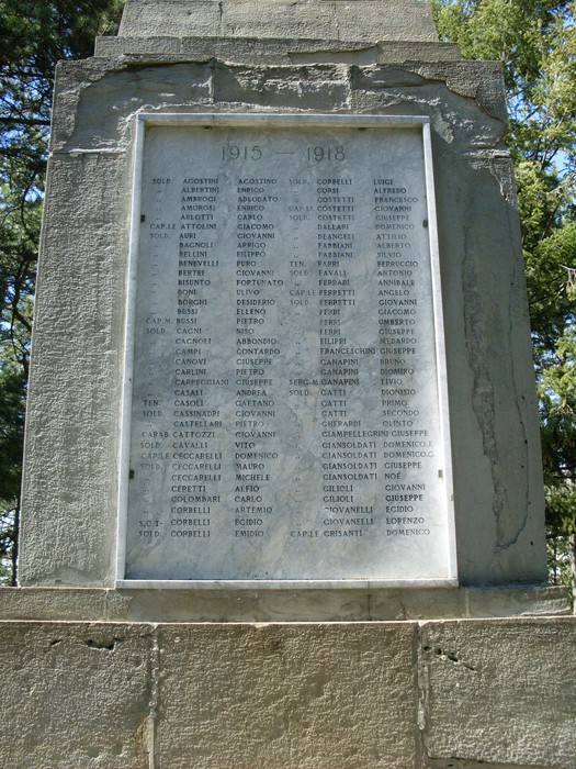 Monumento ai Caduti di Castelnovo, commemorazione dei soldati della Grande Guerra con i nomi incisi sulla lapide.