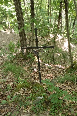 Croce a cardini in un bosco, circondata da vegetazione e foglie, con un'atmosfera di tranquillità e riflessione.