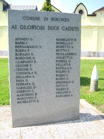 Lapide commemorativa dedicata ai caduti del Comune di Buronzo, onore e memoria ai valorosi.