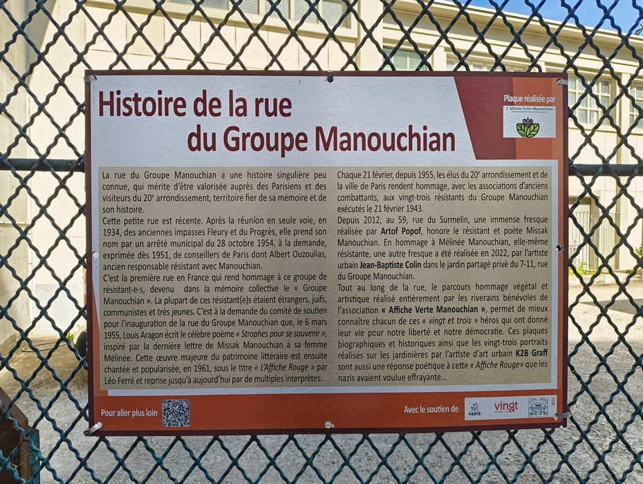 Targa commemorativa del Gruppo Manouchian, che ricorda la storia della resistenza a Parigi.