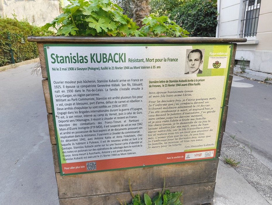 Targa commemorativa di Stanislas Kubacki, resistentе francese, ubicata nel Gruppo Manouchian.