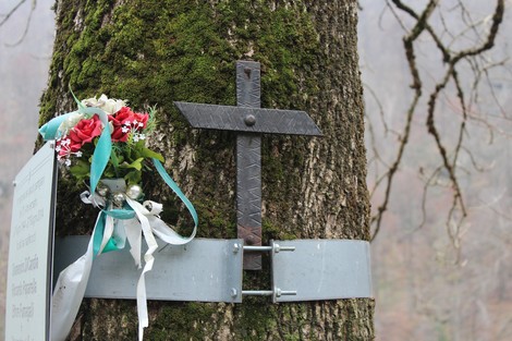 Targa commemorativa su un albero, con un crocifisso metallico e un mazzo di fiori decorato con nastri.
