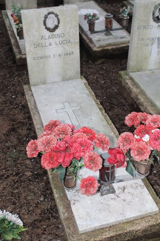 Tombe con fiori rossi in memoria dei caduti per la Libertà, ambiente tranquillo e rispettoso.