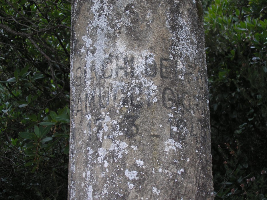 Cippo in pietra dedicato a Giachi e Gamucci, immerso nella vegetazione. Storia locale visibile nella monumento.