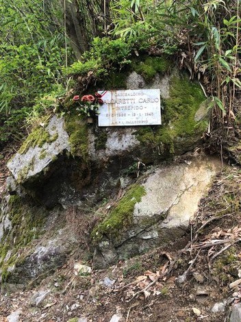 Lapide dedicata a Carlo Balzaretti, situata in un contesto naturale, circondata da verde.
