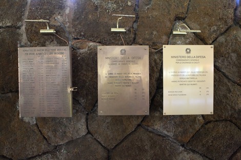 Il Mausoleo delle Fosse Ardeatine, memoriale di guerra, con lastre commemorative in bronzo su una parete di pietra.