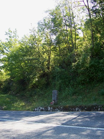 Cippo tra alberi su un lato della strada, immerso nella vegetazione. Un monumento che ricorda Bragagni e Veri.