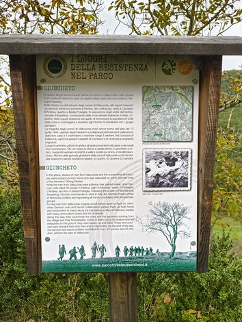 Insegna del Sentiero della Libertà di Vallucciole, che racconta la Resistenza nel Parco.