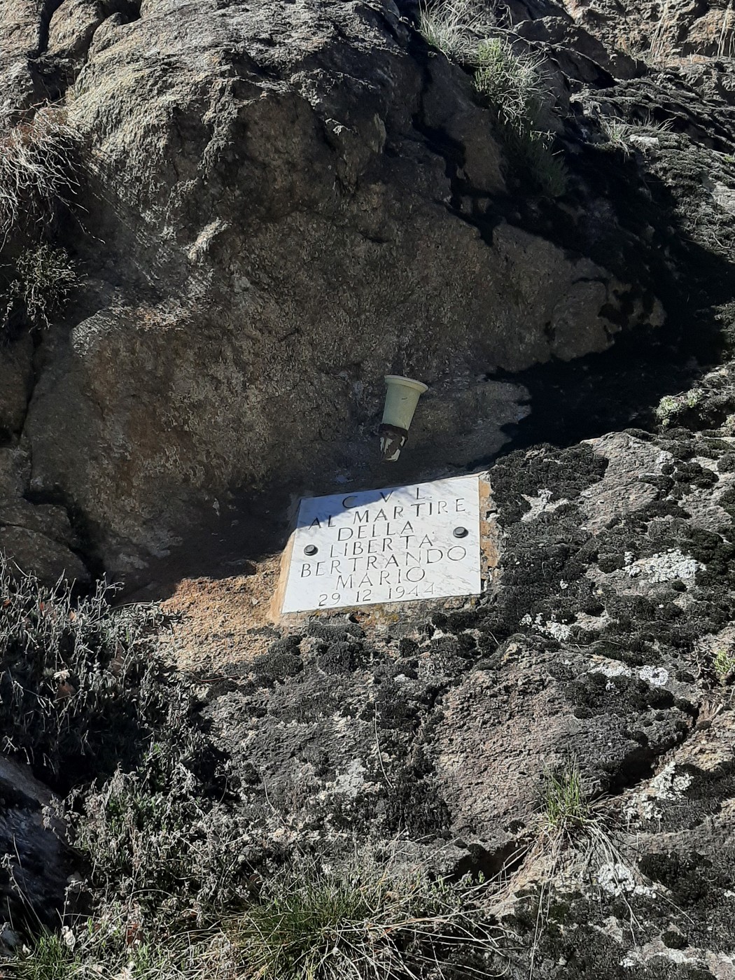 Lapide commemorativa dedicata a Bertrando, situata su una roccia in un ambiente naturale.
