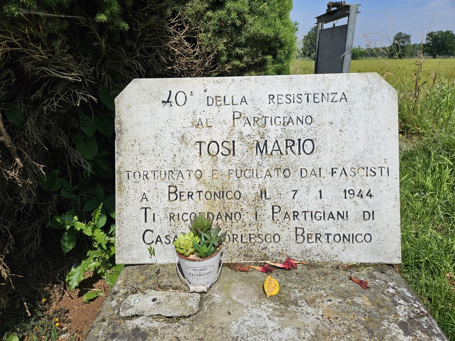 Lapide commemorativa dedicata al partigiano Tosi Mario, situata nei pressi di Bertonico.