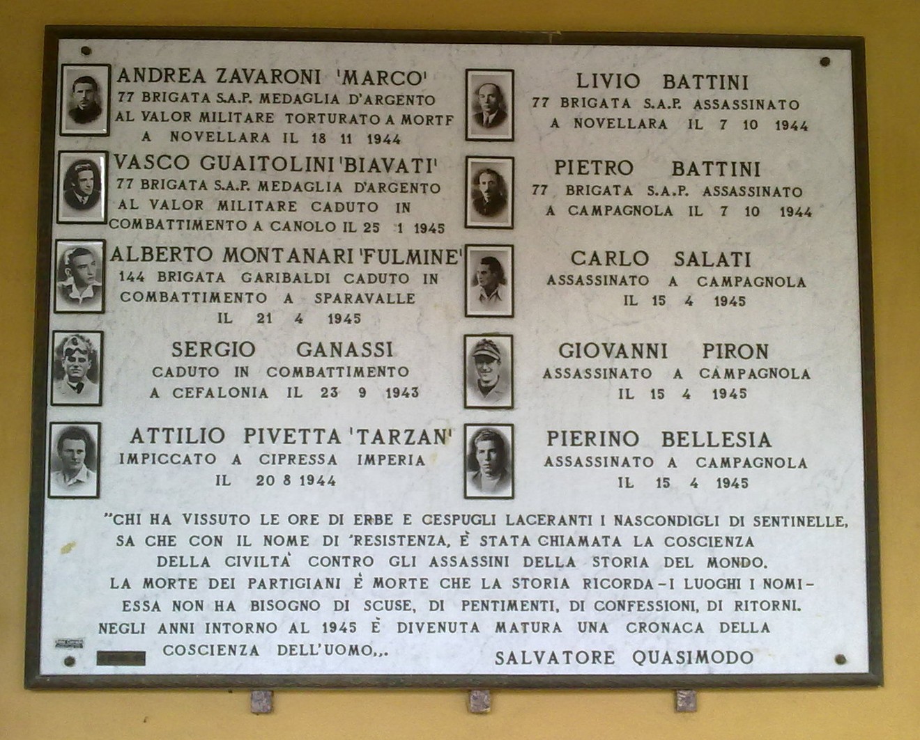 Lapide commemorativa ai caduti della Liberazione di Campagnola, onore ai sacrifici degli eroi locali.