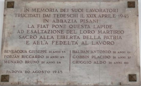 Lapide in memoria dei lavoratori FIAT uccisi durante l'eccidio di Castello di Godego il 29 aprile 1945.