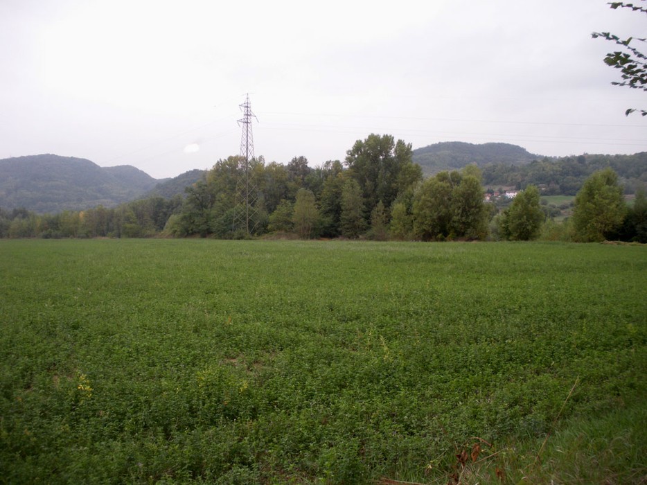 Panorama della Croce a Pienovi, con campi verdi e colline sullo sfondo in una giornata nuvolosa.