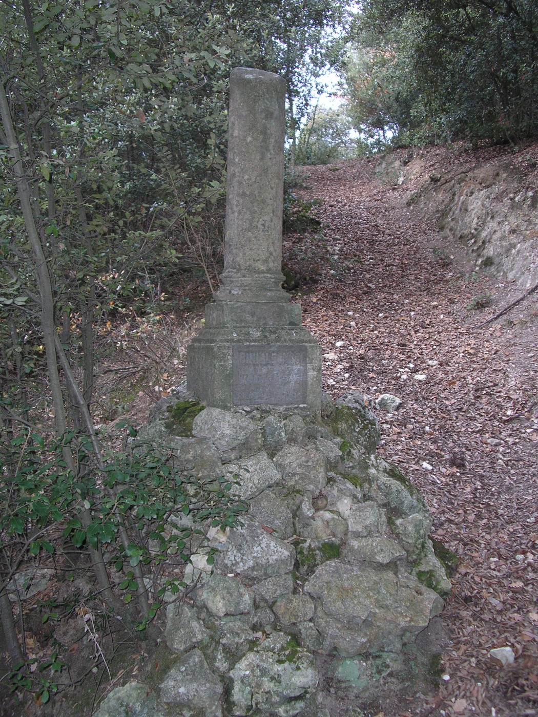 Cippo commemorativo immerso nella vegetazione, visibile lungo un sentiero naturale.