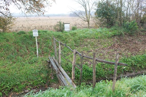 Cippo commemorativo circondato da natura, con un piccolo ponte in legno che attraversa un ruscello tranquillo.