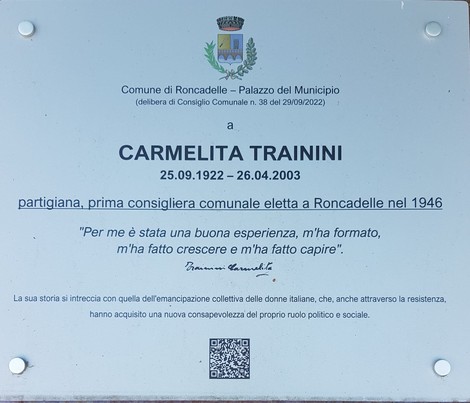 Targa commemorativa dedicata a Carmelita Trainini, prima consigliera comunale di Roncadelle del 1946.