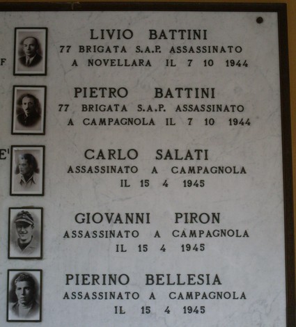 Lapide commemorativa dedicata ai caduti della Liberazione di Campagnola, con nomi e date di assalto.