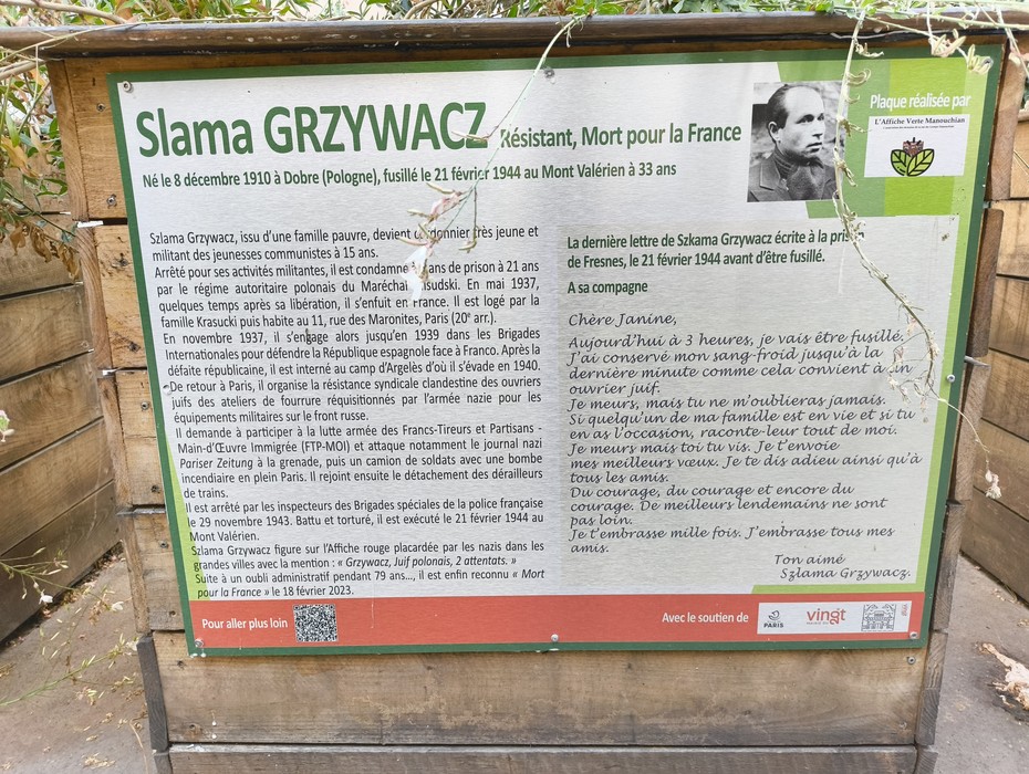 Targa commemorativa di Slama Grzywacz, resistentе polacco fucilato il 21 febbraio 1944 in Francia.