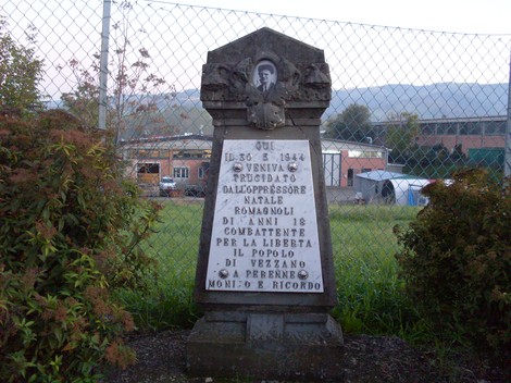 Cippo commemorativo dedicato a Romagnoli, eroe della libertà, ubicato in un'area verde con sfondo urbano.