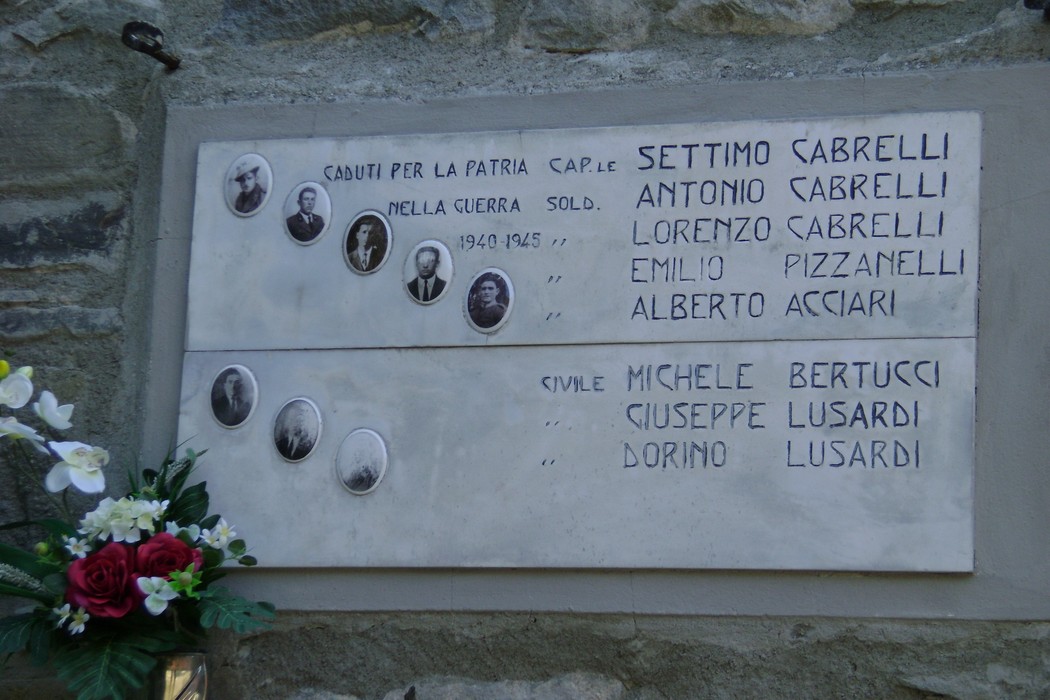 Lapide commemorativa ai caduti di Baselica, con nomi dei soldati e un omaggio floreale.