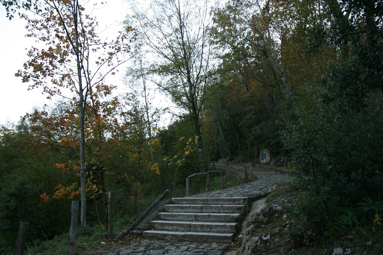 Sentiero che conduce alla Via Crucis di Sant'Anna di Stazzema, immerso nella natura autunnale.