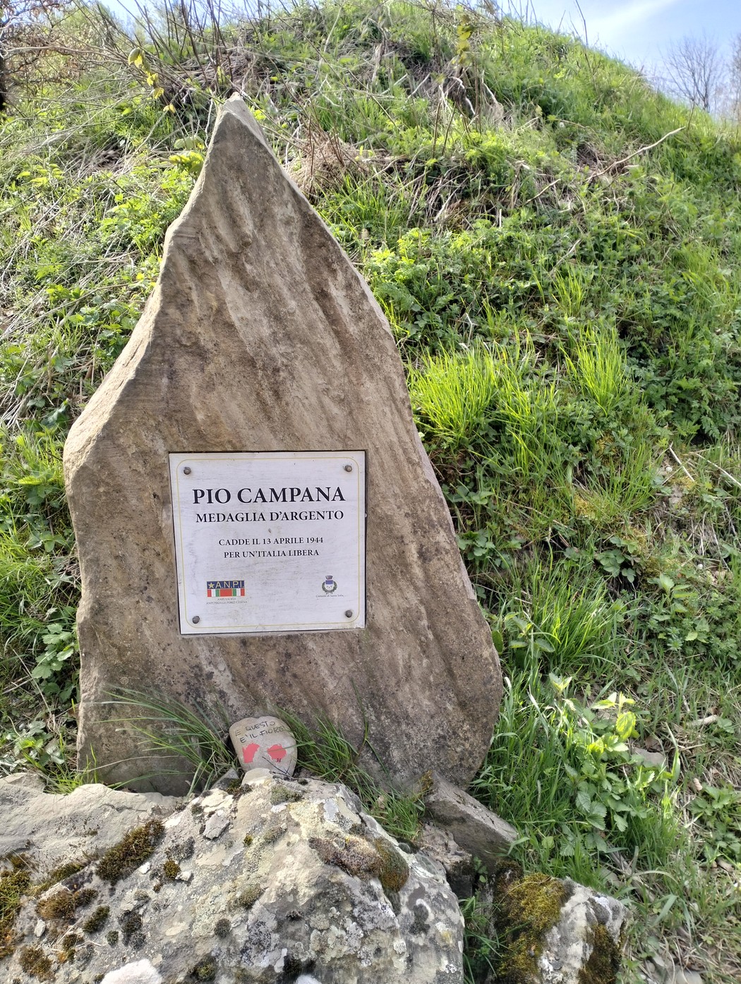 Cippo commemorativo in pietra dedicato a Pio Campana, con medaglia d'argento, circondato da vegetazione.