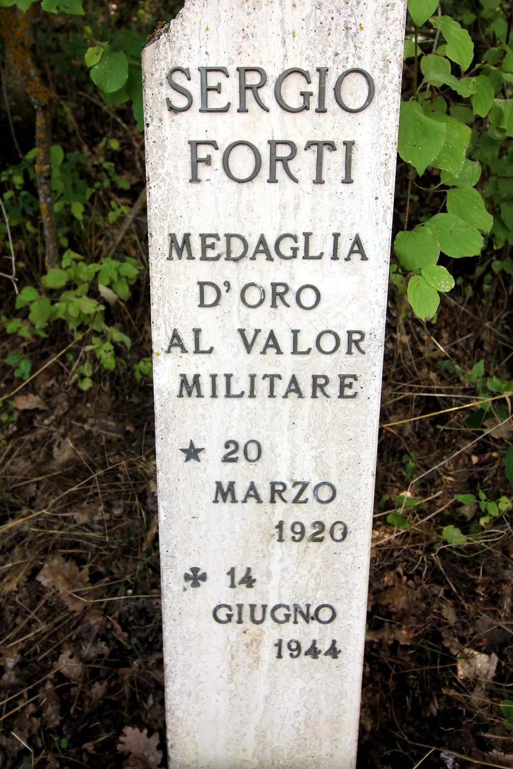 Cippo commemorativo di Sergio Forti, Medaglia d'Oro al Valor Militare, con le date significative della sua vita.