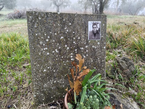 Cippo funerario in un ambiente naturale con una foto e piante decorative, circondato da nebbia.