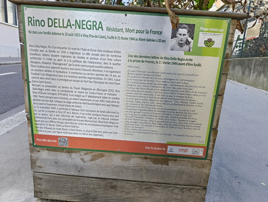 Targa commemorativa di Rino Della Negra, partigiano italiano, ucciso per la libertà in Francia durante la Seconda Guerra Mondiale.