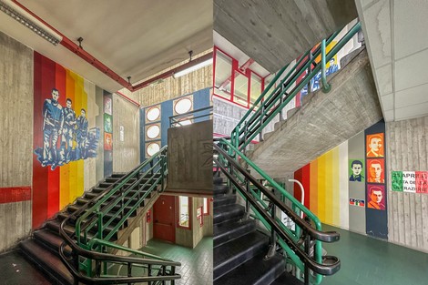 Murale dedicato ai partigiani, con figure storiche su sfondo colorato all'interno di un edificio a Campogalliano.