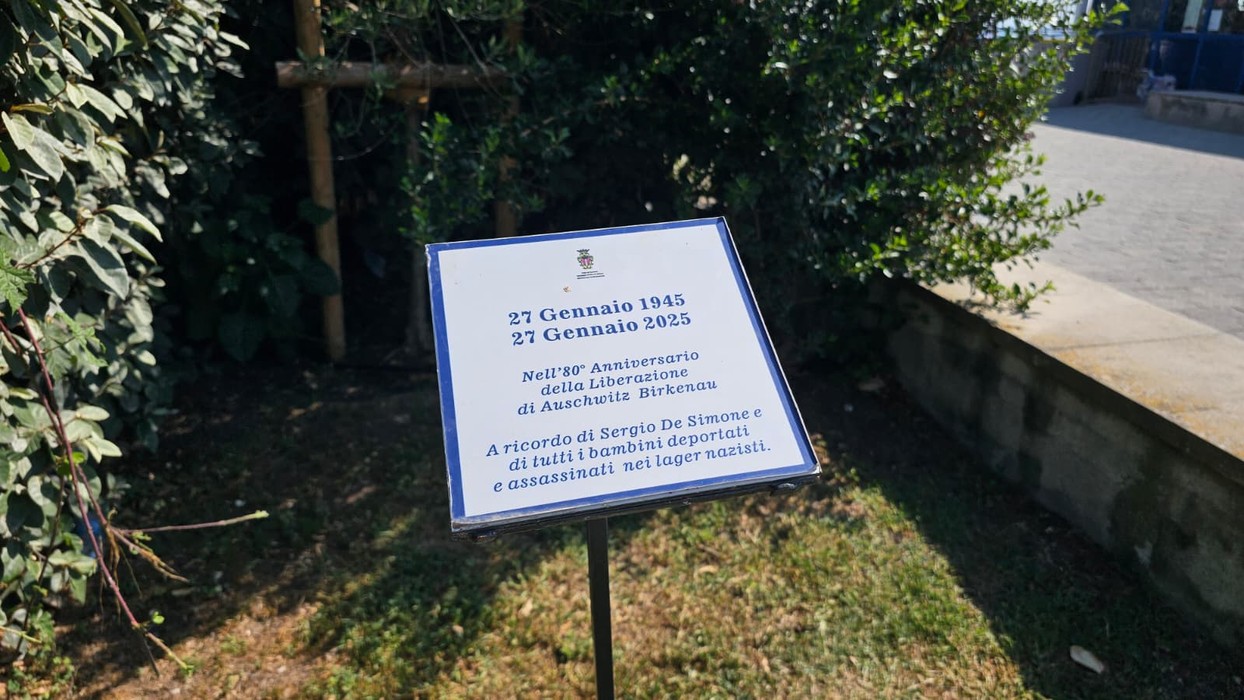 Immagine commemorativa che ricorda i bambini deportati e uccisi nei lager, con un olivo in evidenza.