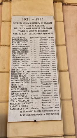 Lapide commemorativa ai caduti, con nomi e date in ricordo dei sacrifici durante la guerra.