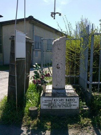 Cippo commemorativo dedicato a Dario Ascari, con fotografie e fiori, in un contesto rurale e pacifico.