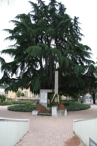 Monumento del ventennale, circondato da alberi e piante, punto di riferimento commemorativo in un contesto urbano.